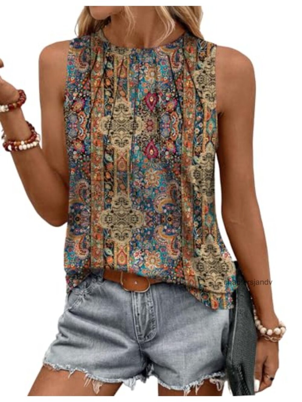 Women's Pleated High Neck Sleeveless Tank Top Flowy Loose Fit Summer Tunic